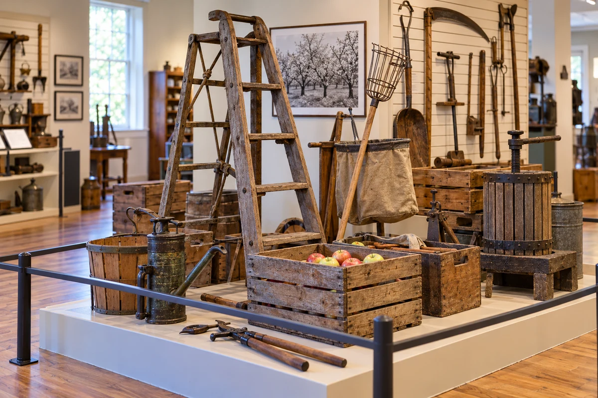 Orchard tools and a fruit crate in a heritage display.