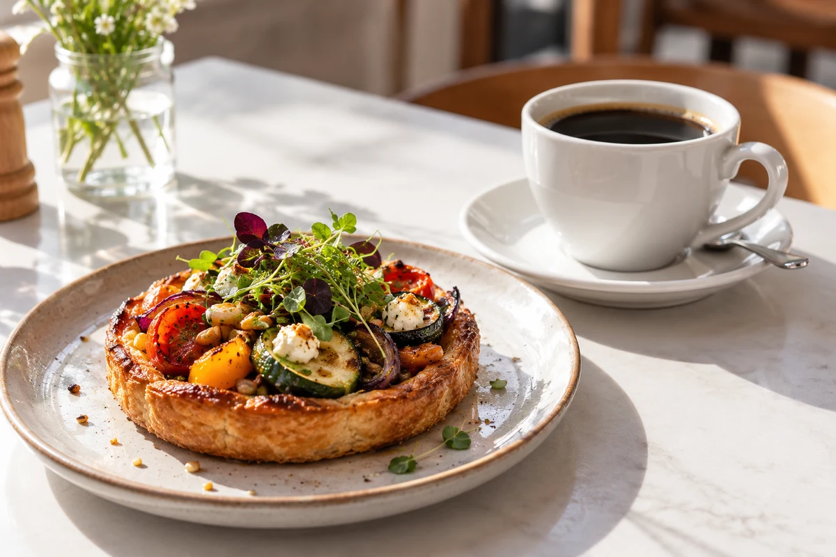 A vegetable tart and coffee on a café table.