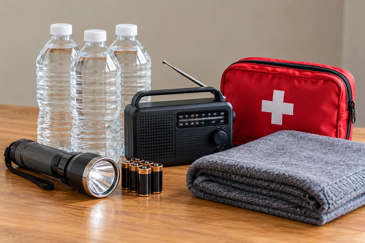 Water, a radio and first aid supplies in an emergency kit.