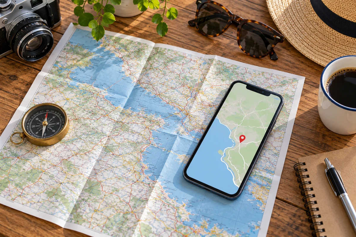 A map, compass and phone for finding a place.