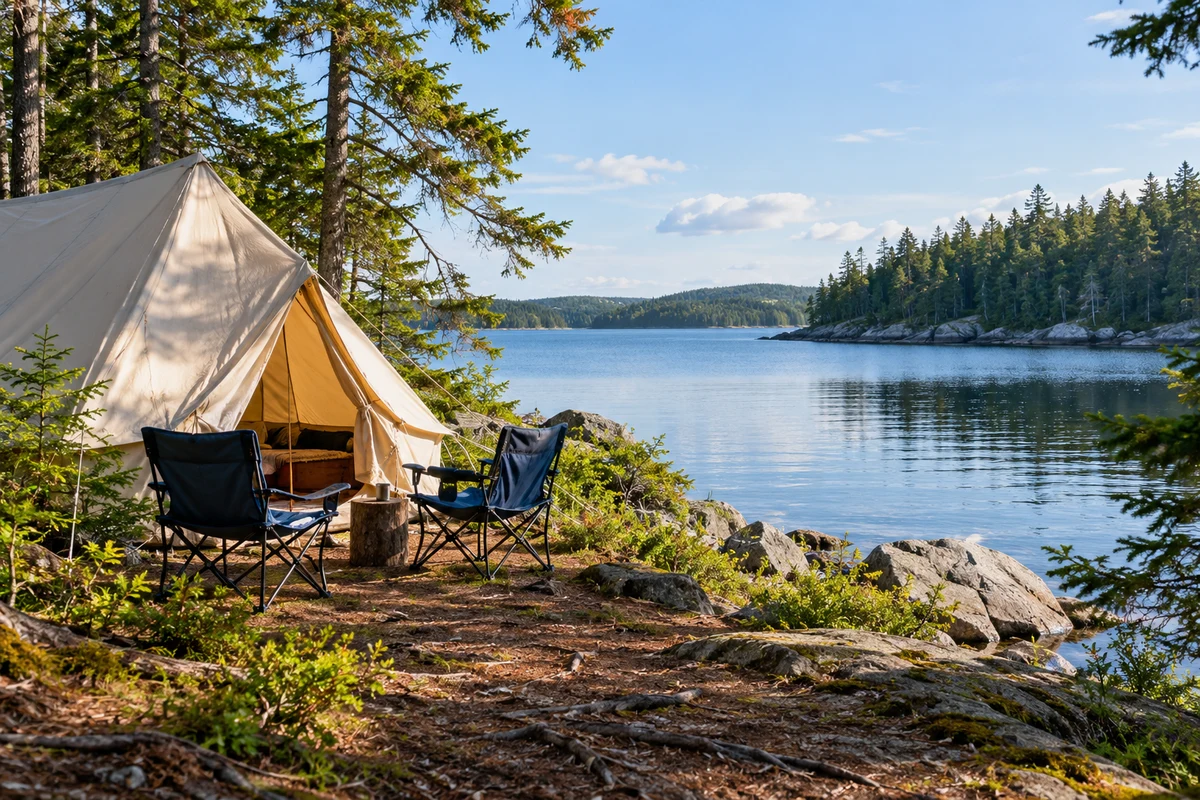A canvas tent and folding camp chairs beside a calm forest lake.