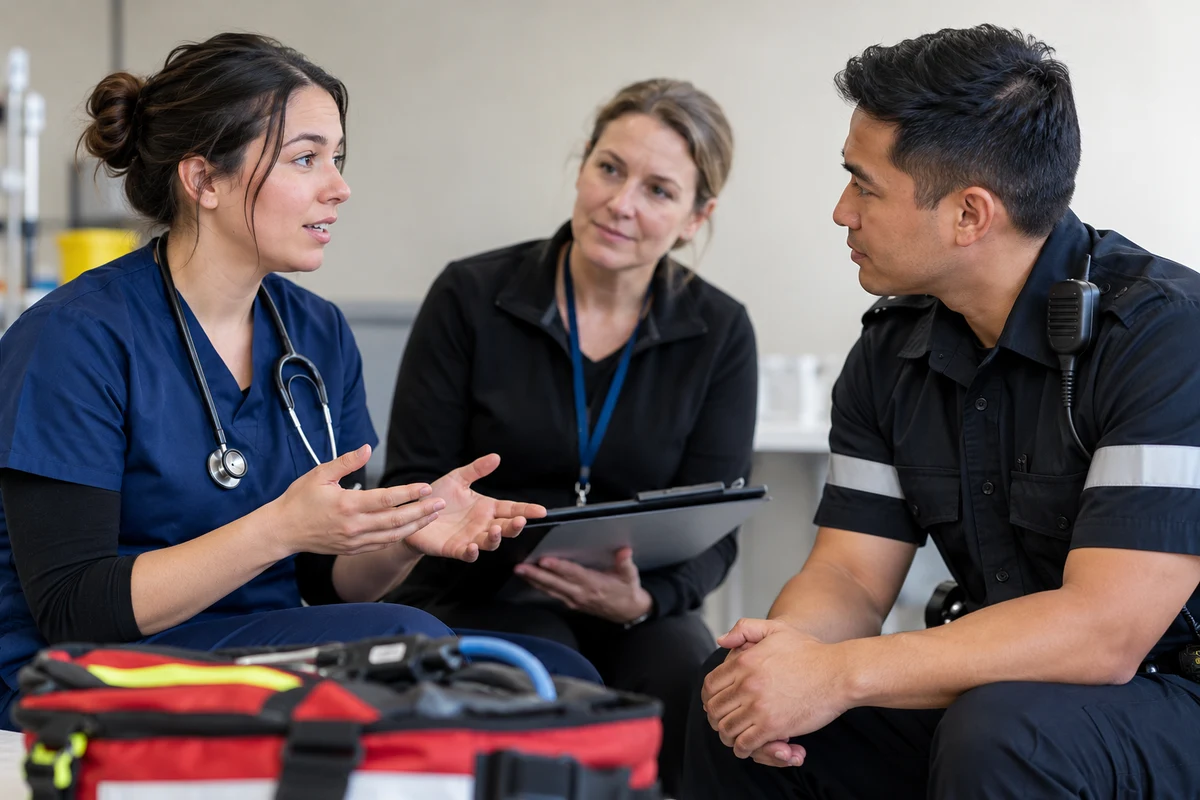 A nurse and a paramedic practise a calm conversation while an instructor observes.